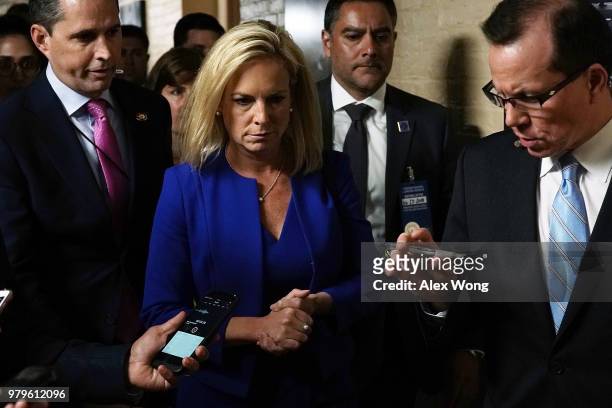 Secretary of Homeland Security Kirstjen Nielsen, leaves after a meeting with House Republicans June 20, 2018 at the U.S. Capitol in Washington, DC....
