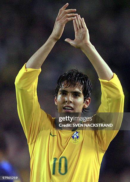 Brazilian Kaka celebrates after scoring against Ecuador at the Rasunda stadion in Solna, 10 October 2006, during a friendly football match played at...
