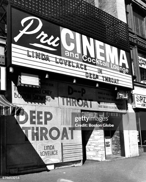 The marquee advertising the film "Deep Throat" is pictured outside the Pru Cinema on Boylston Street in Boston on March 12, 1974.
