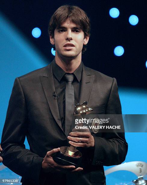 Milan's Brazilian player Kaka poses with his 2007 best forward of the year before the draw for the group stages of the 2007/2008 Champions League, 30...