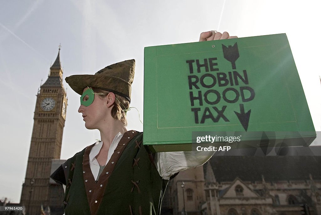 A protestor from the 'Robin Hood Tax Cam