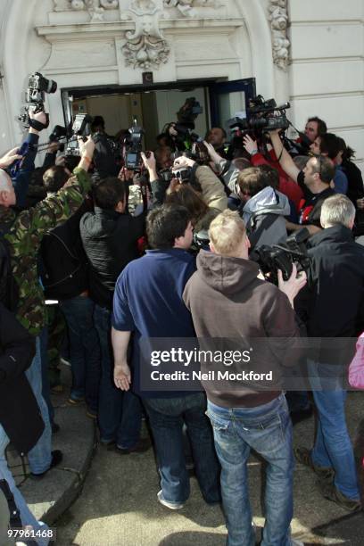 Photographers Surround Cheryl Cole as she Arrives At BBC Radio 1 Studios For Her Live Lounge Performance on March 23, 2010 in London, England.
