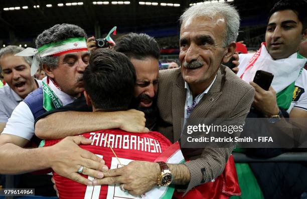 Alireza Jahanbakhsh of Iran cheers fans following during the 2018 FIFA World Cup Russia group B match between Iran and Spain at Kazan Arena on June...