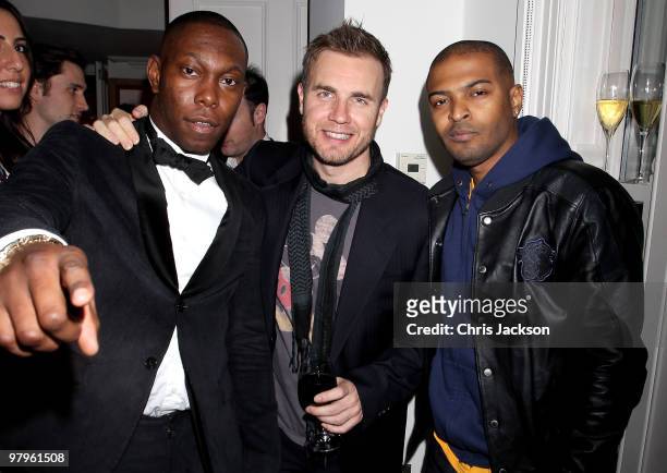 Dizzee Rascal, Gary Barlow and Noel Clarke attend the Kick-Ass European Film Premiere after-party at director Matthew Vaughn's house on March 22,...