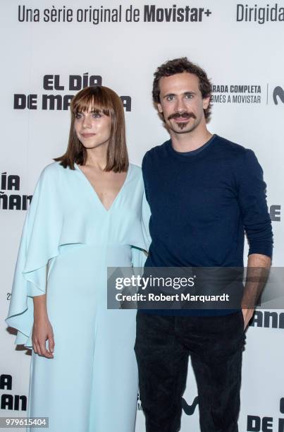 Aura Garrido and Oriol Pla pose during a photocall for their latest series 'El Dia de Manana' at the Cinema Verde on June 20, 2018 in Barcelona,...