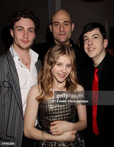 Aaron Johnson, Chloe Moretz, Mark Strong and Christopher Mintz-Plasse attend the Kick-Ass European Film Premiere after-party at director Matthew...