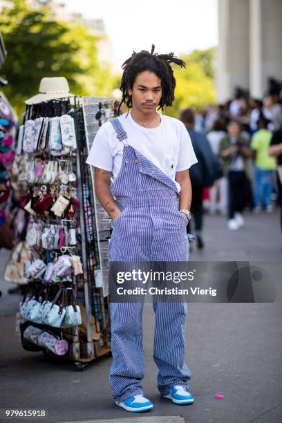 Luka Sabbat wearing overall is seen outside Off/White on day two of Paris Fashion Week Menswear SS19 on June 20, 2018 in Paris, France.