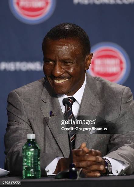 Dwane Casey smiles while introduced as the Detroit Pistons new head coach at Little Caesars Arena on June 20, 2018 in Detroit, Michigan. NOTE TO...