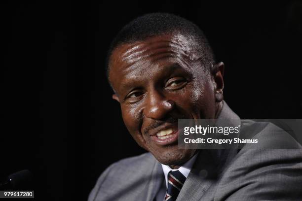 Dwane Casey talks while being introduced as the Detroit Pistons new head coach at Little Caesars Arena on June 20, 2018 in Detroit, Michigan. NOTE TO...