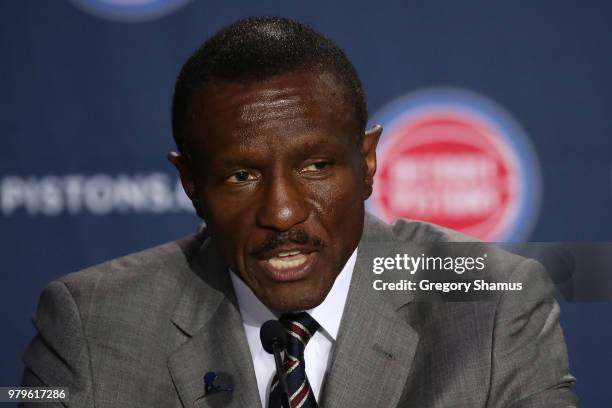 Dwane Casey talks while introduced as the Detroit Pistons new head coach at Little Caesars Arena on June 20, 2018 in Detroit, Michigan. NOTE TO USER:...