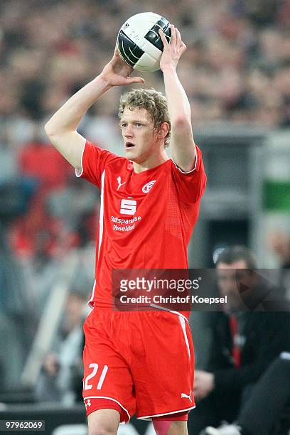 Johannes van den Bergh of Duesseldorf does a throw-in during the Second Bundesliga match between Fortuna Duesseldorf and 1. FC Kaiserslautern at...