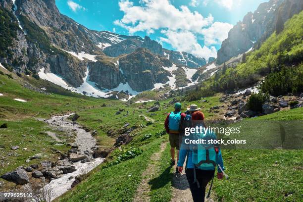 hikers in adventure trip - people climbing walking mountain group stock pictures, royalty-free photos & images