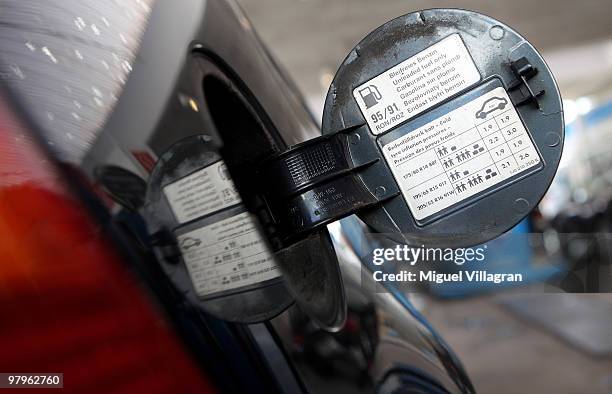 In this photo illustration the tank cap of a car is pictured on March 23, 2010 in Munich, Germany. German President Horst Koehler said higher petrol...