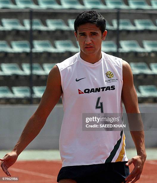 Australian football player Tim Cahill prepares for a training session at the Thai-Japan Stadium in Bangkok, 09 July 2007. The Socceroos were lucky to...