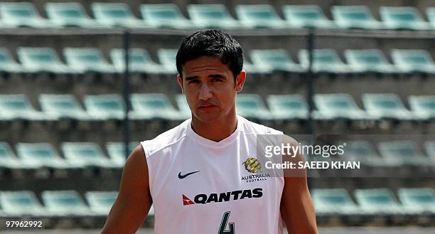 Australian football player Tim Cahill prepares for a training session at the Thai-Japan Stadium in Bangkok, 09 July 2007. The Socceroos were lucky to...