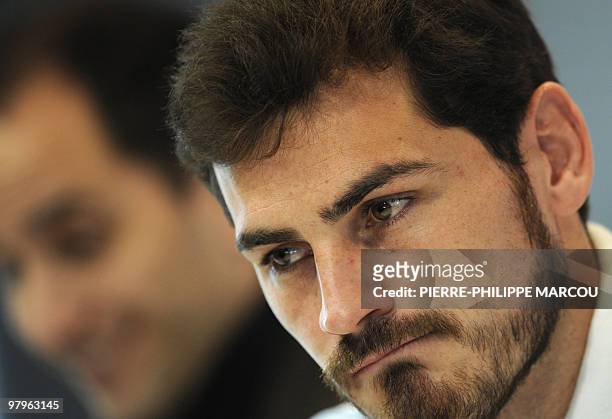 Real Madrid's goalkeeper Iker Casillas gestures during a press conference in Madrid, on March 11 a day after being defeated by Olympique Lyon during...