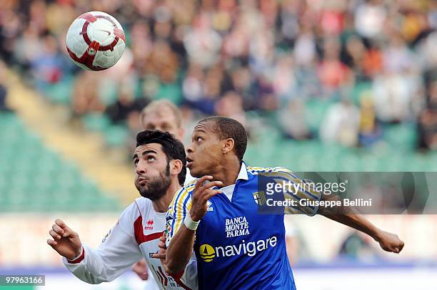 Nicola Belmonte of Bari and Ludovic Biabiany of Parma in action during the Serie A match between AS Bari and Parma FC at Stadio San Nicola on March...