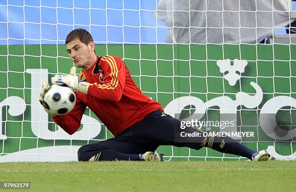 Spanish goalkeeper Iker Casillas stops the ball during a training session on June 25, 2008 in Vienna on the eve of the Euro 2008 semi-final match...
