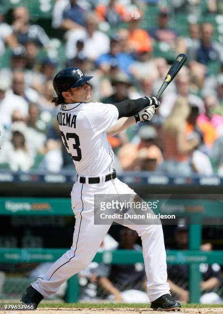 Pete Kozma of the Detroit Tigers bats against the Los Angeles Angels at Comerica Park on May 31, 2018 in Detroit, Michigan.