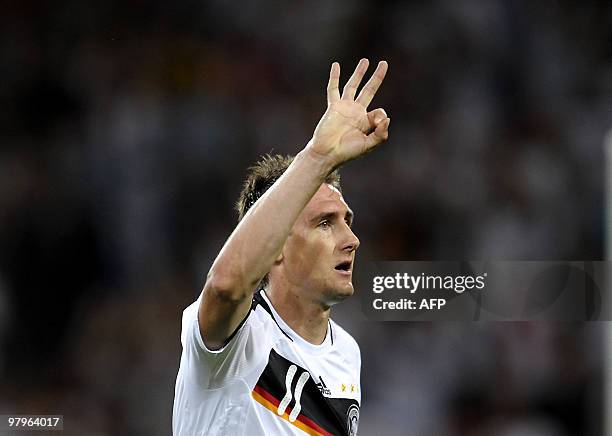 Germany's striker Miroslav Klose celebrates after scoring the 2-1 during the Euro 2008 championships semi-final football match Germany vs. Turkey on...