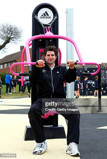 Olympian Hockey player Simon Mantell poses for photographs during the opening of the adiZone at Monkwick Open Space on March 23, 2010 in Colchester,...