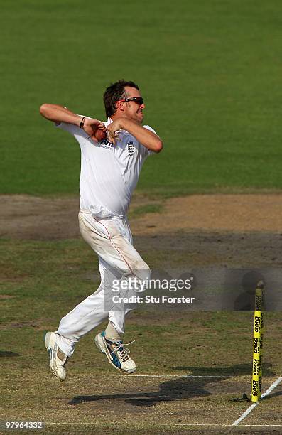England bowler Graeme Swann in action during day four of the 2nd Test match between Bangladesh and England at Shere-e-Bangla National Stadium on...