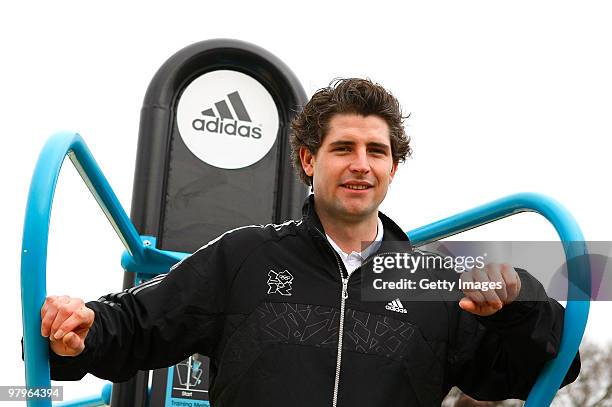 Olympian Hockey player Simon Mantell poses for photographs during the opening of the adiZone at Monkwick Open Space on March 23, 2010 in Colchester,...