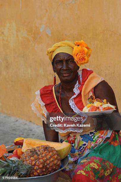 Of INDIAS, COLOMBIA A Cartagenan woman in a colorful traditional dress sells a plate of cut fresh fruits while sat on the street side, inside the old...