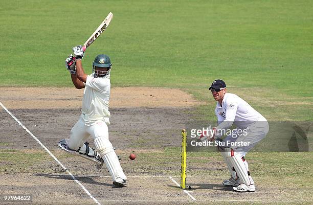 Bangladesh batsman Tamim Iqbal in action watched by Matt Prior during day four of the 2nd Test match between Bangladesh and England at Shere-e-Bangla...