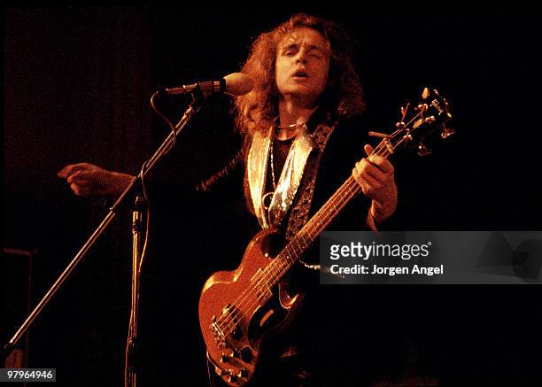 Jack Bruce of West, Bruce & Laing performs on stage in 1973 in Copenhagen, Denmark. He plays a Gibson EB-3 bass guitar.