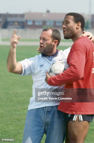 Comedian Keith Allen with footballer John Barnes after he recorded the official song of the England football team's 1990 World Cup campaign, 'World...