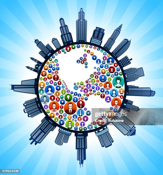 planet earth people modern cityscape skyline background - the-worlds-tallest-man stock illustrations