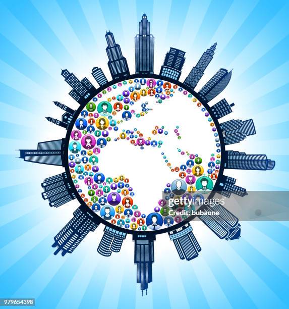 planet earth people modern cityscape skyline background - the-worlds-tallest-man stock illustrations