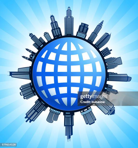 blue globe wireframe black and white cityscape skyline background - building wireframe stock illustrations