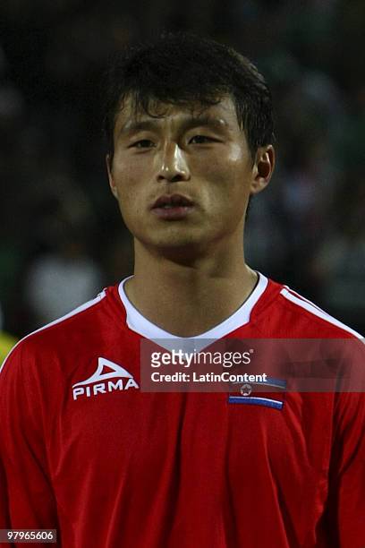 North Korea midfielder Pak Nam-Chol listens to the country?s national anthem prior to an international friendly match between Mexico and North Korea...
