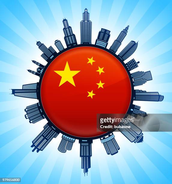 bildbanksillustrationer, clip art samt tecknat material och ikoner med kina flagga svartvitt stadsbilden skyline bakgrund - building storey
