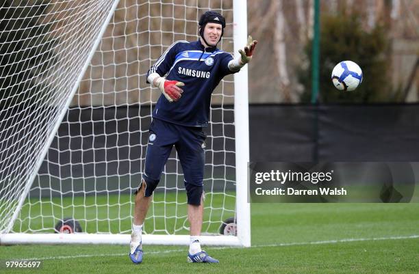 Petr Cech of Chelsea in action during a training session at the Cobham training ground on March 23, 2010 in Cobham, England.