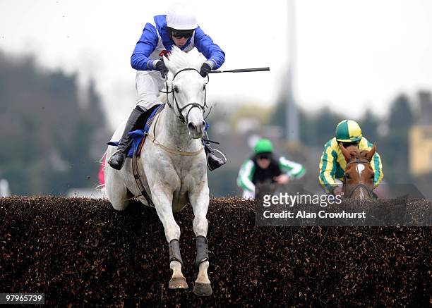 Power Shared and Wayne Hutchinson clear the last to win The Betdaq On 0870 178 1221 Novices' Handicap Steeple Chase at Kempton Park racecourse on...