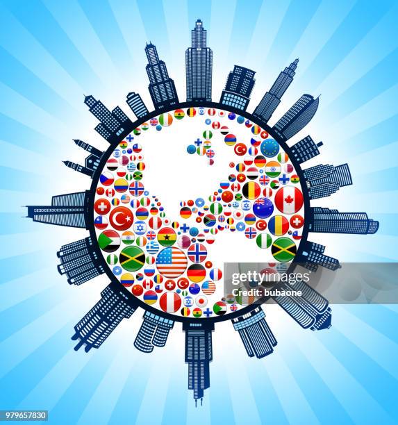 planet earth flags modern cityscape skyline background - housing development uk stock illustrations