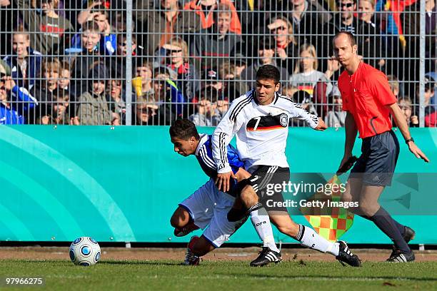 Yunus Malli battles for the ball during the U18 international friendly match between Germany and France at the Arena Oldenburger Muensterland on...