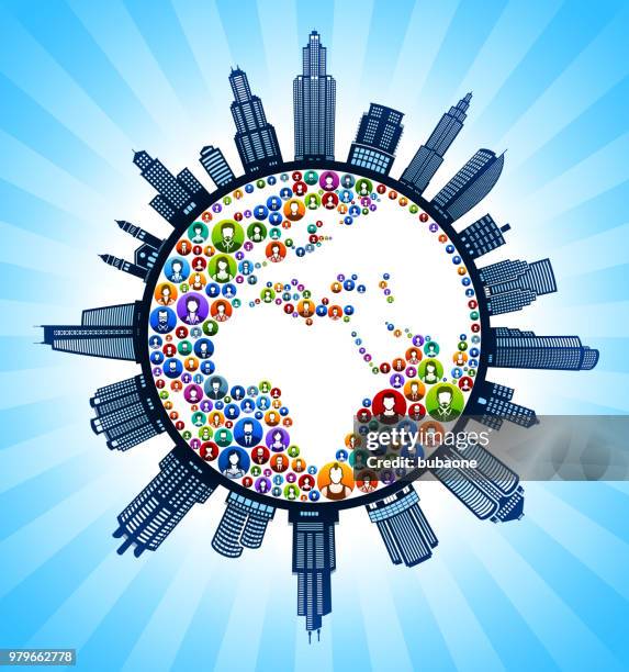 planet earth people modern cityscape skyline background - the-worlds-tallest-man stock illustrations