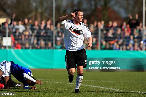 Kevin Scheidhauer of Germany celebrates during the U18 international friendly match between Germany and France at the Arena Oldenburger Muensterland...