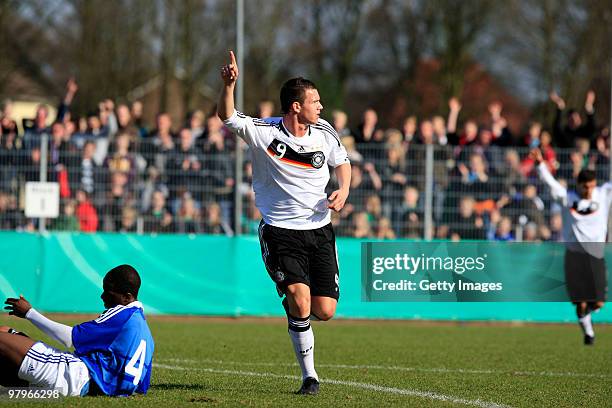 Kevin Scheidhauer of Germany celebrates during the U18 international friendly match between Germany and France at the Arena Oldenburger Muensterland...