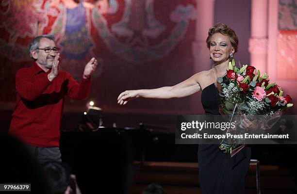 The singer Paloma San Basilio and actor Pepe Sacristan performs during a concert at palau La Musica on March 21, 2010 in Barcelona, Spain.