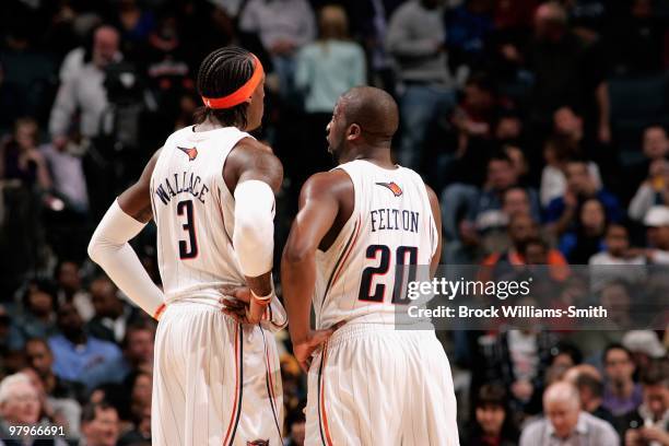 Gerald Wallace and Raymond Felton of the Charlotte Bobcats talk on the court during the game against the Los Angeles Lakers on March 5, 2010 at the...