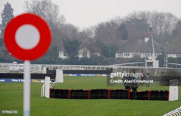 Captain Chris and Richard Johnson jump the last to win The Bet Multiples - Betdaq 'National Hunt' Novices' Hurdle Race at Kempton Park racecourse on...