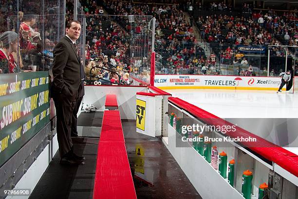 Minnesota Wild Head Coach Todd Richards waits to talk with an official during the game against the Edmonton Oilers at the Xcel Energy Center on March...