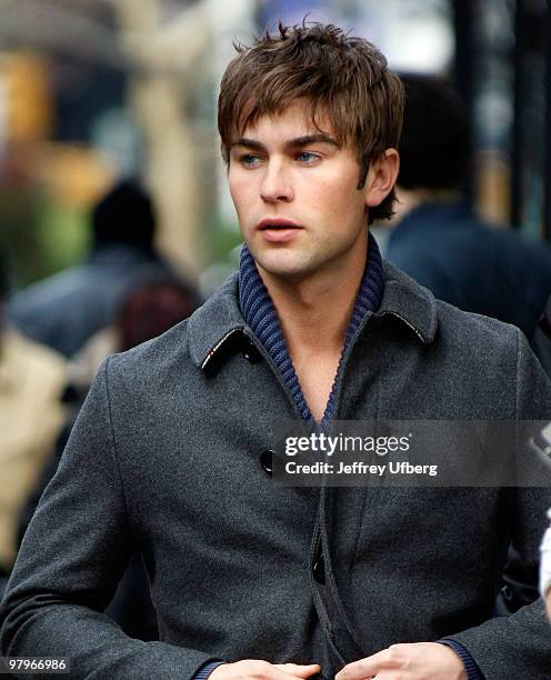 Actor Chace Crawford filming on location for "Gossip Girl" on the streets of Manhattan on December 2, 2009 in New York City.