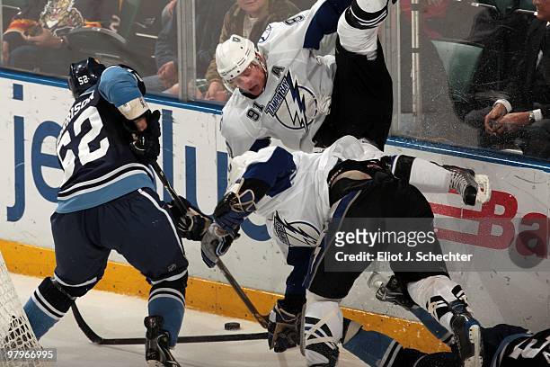 Steven Stamkos of the Tampa Bay Lightning collides with teammate Zenon Konopka against the Florida Panthers at the BankAtlantic Center on March 21,...