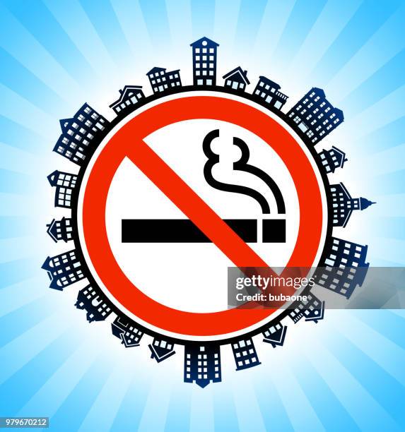 kein rauchen zeichen auf ländlichen stadtbild skyline hintergrund - rauchverbotsschild stock-grafiken, -clipart, -cartoons und -symbole